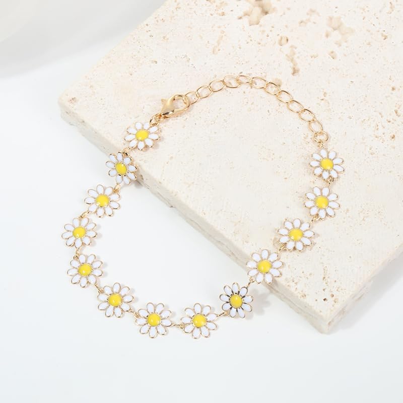 Pingyongchang Daisy Flower Necklace and Bracelet Set for Women - Bohemian Enamel Choker, Handmade Gold Spring Sunflower Jewelry for Party and Beach
