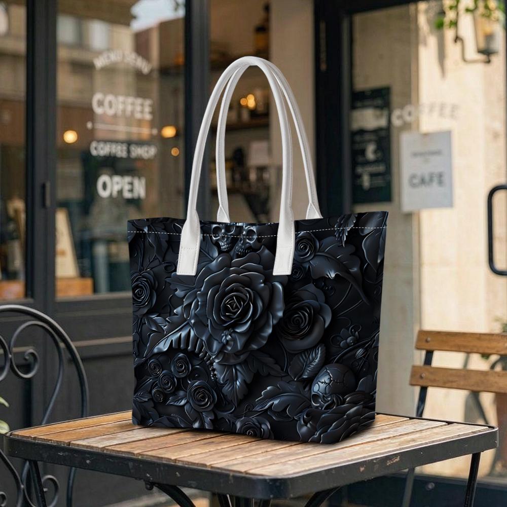 Gothic Dark Rose Skull Pattern Shoulder Bag Large Capacity Casual Daily Tote Handbag for Women