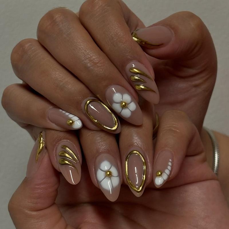 24Pcs Summer Yellow Polka Dot French Nails Set Wearable Almond Flower Design Press on Fake Nail Tips Round Head Full False Nails