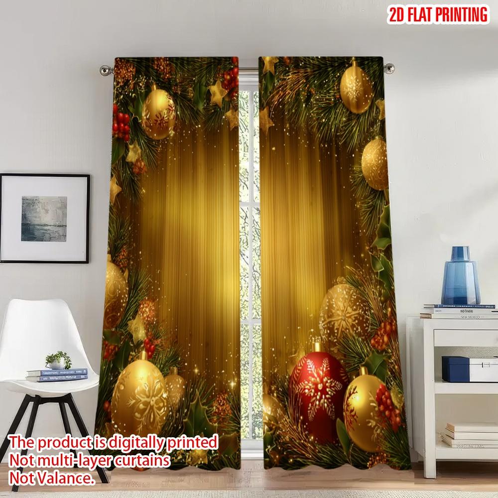 

Шторы для рождественской вечеринки с плоской печатью, золотые украшения, елка, цифровая печать, полиэстеровые занавески, набор из 2 штор для весеннего использования, моющиеся W100*H70(CM)-Grommet top&2PCS