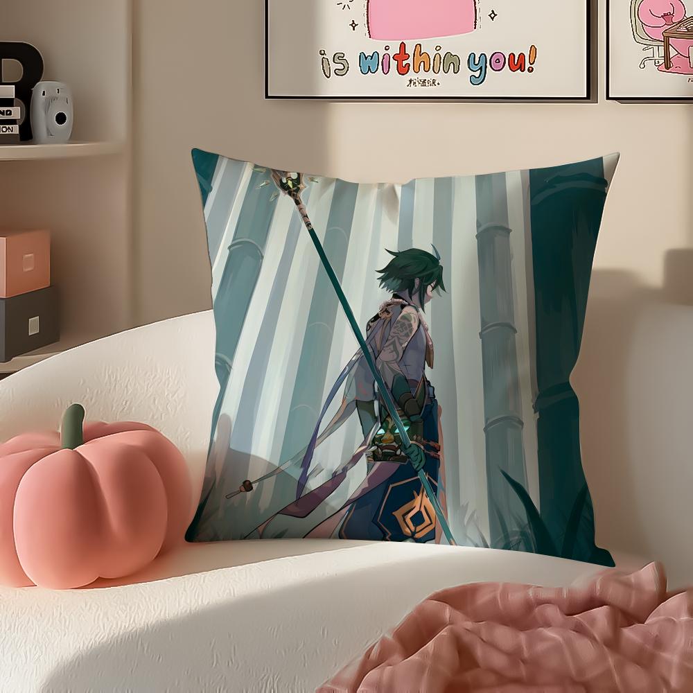 Game Genshin Xiao Cushion Cover Pillowcase Short Plush Invisible zipper Room Sofa Cushion Cover