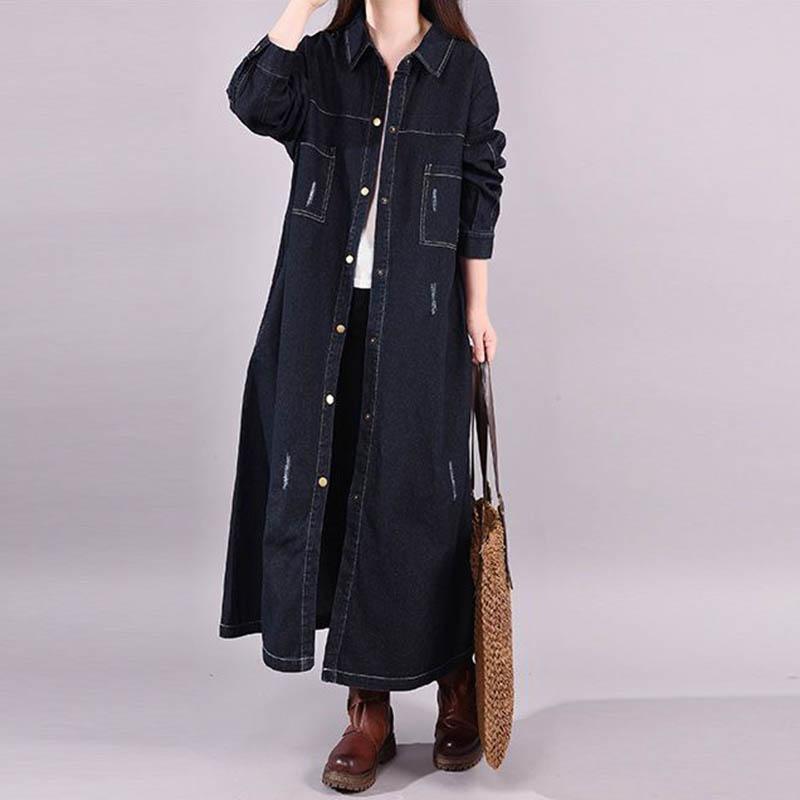 Denim Cotton Jacket Women Large Size Loose Solid Color Trench Coat Long Coat