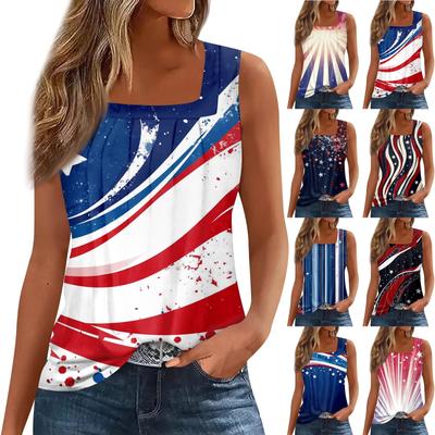 Women's Summer Casual Pleated Square Neck Sleeveless Tank Top Printed T-Shirt