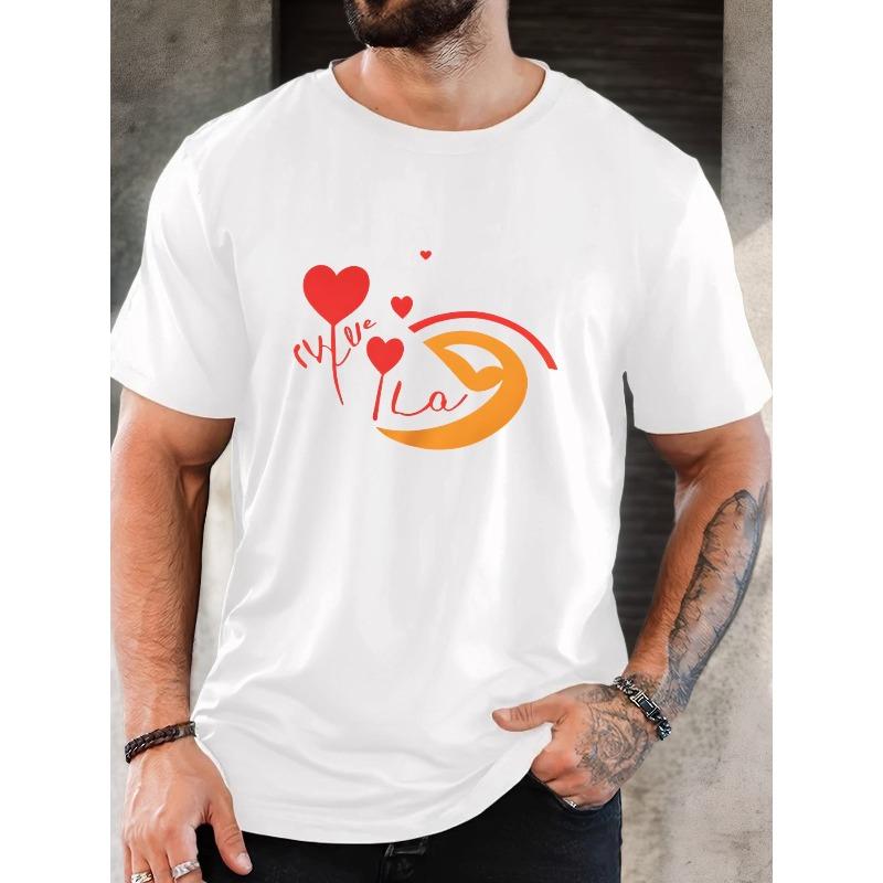 

Men s Casual Short Sleeve T-Shirt- Breathable Summer Round Neck Pattern Print, Valentine s Day Gift Short Sleeve Sweet Symbol Love Printed T-shirt 4XL білий
