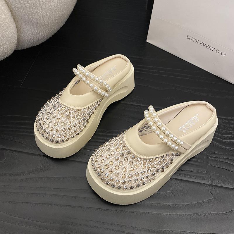 Thick-bottomed mesh breathable Mary Jane cool slippers women's 2025 summer pearl baotou half slippers