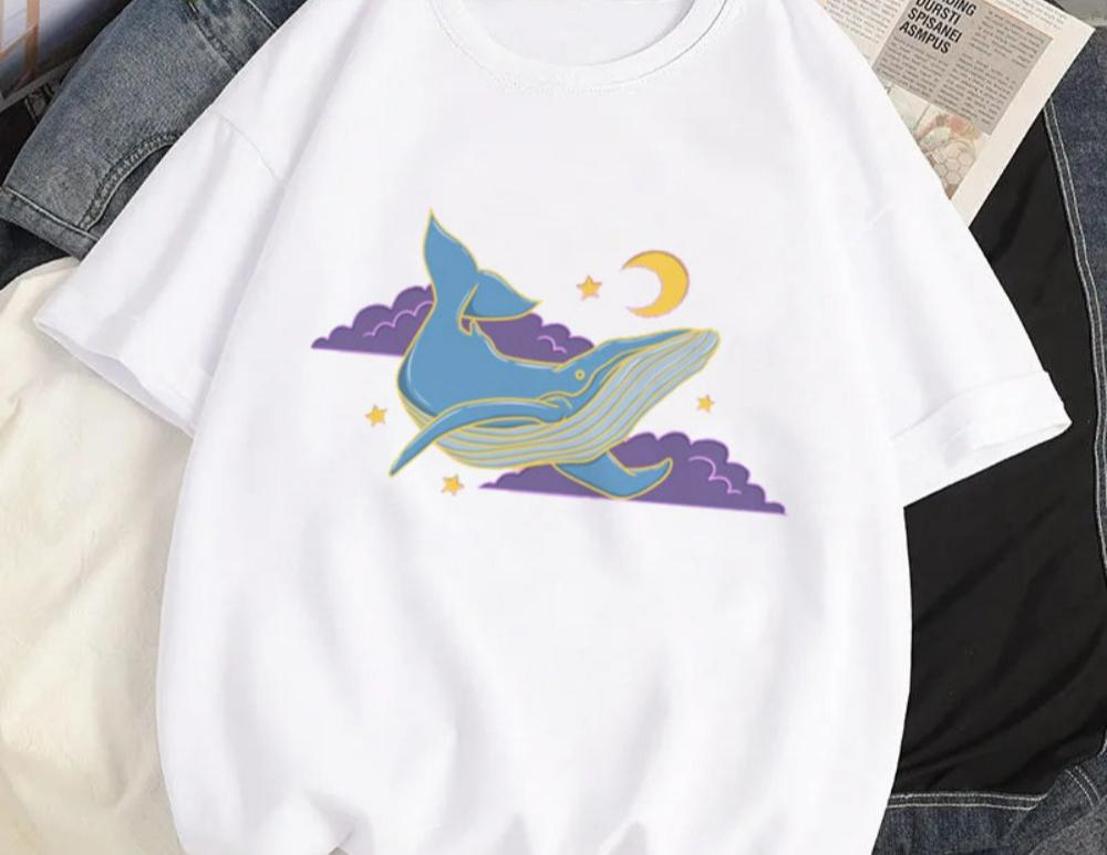 Women Y2K Fashion T Shirt Casual Loose Fit Tee with Cute Cartoon Whale Graphic Harajuku Style Top Daily Streetwear Oversized