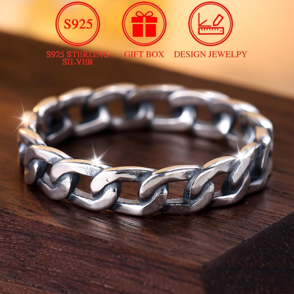 S925 Sterling Silver Geometric Chain Hiphop/Rock Rings for Women Bohemia Punk Ring Jewellery Gift