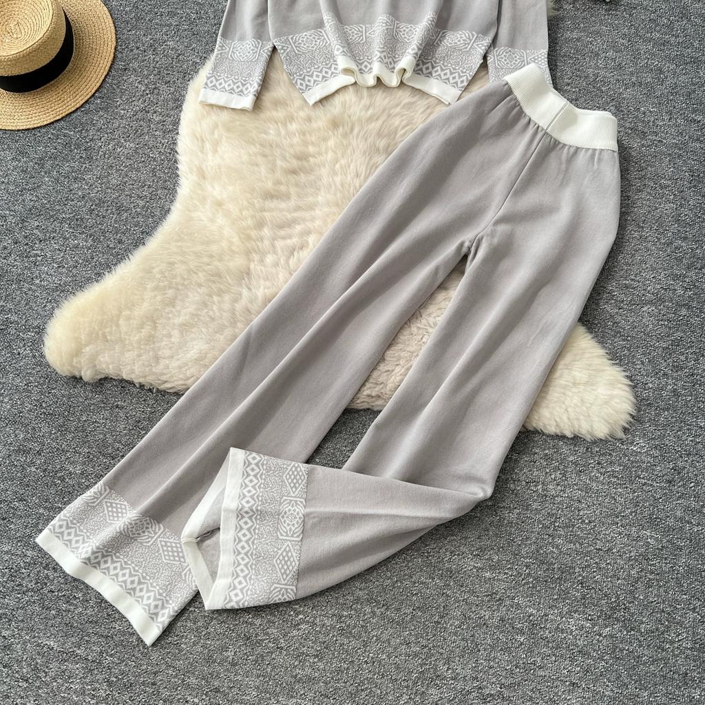 Autumn Winter Women Vintage Jacquard Knitted Sweater Trouser Two Piece Set Full Sleeve Pullover Tops and Wide Leg Pant Tracksuit