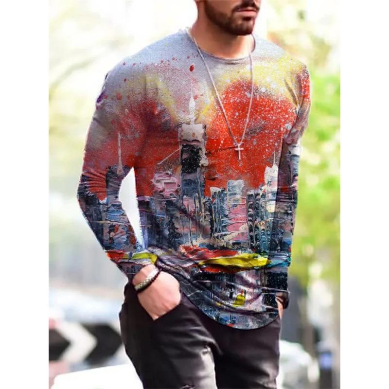 Módní vícebarevné lakované tričko s 3D potiskem Podzimní trend Street Prodyšné Harajuku Ležérní Pánská trička s dlouhým rukávem