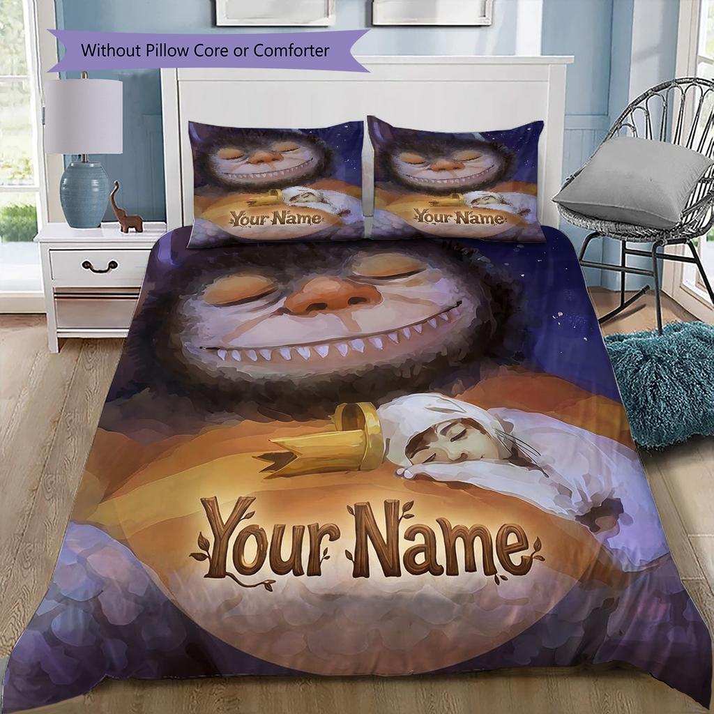 Monster Adventure Custom Name Pattern Bedding Quilt Set Quilt Cover Pillowcase Home Birthday Gift(1 * duvet cover + 2 * pillowcase, without core)