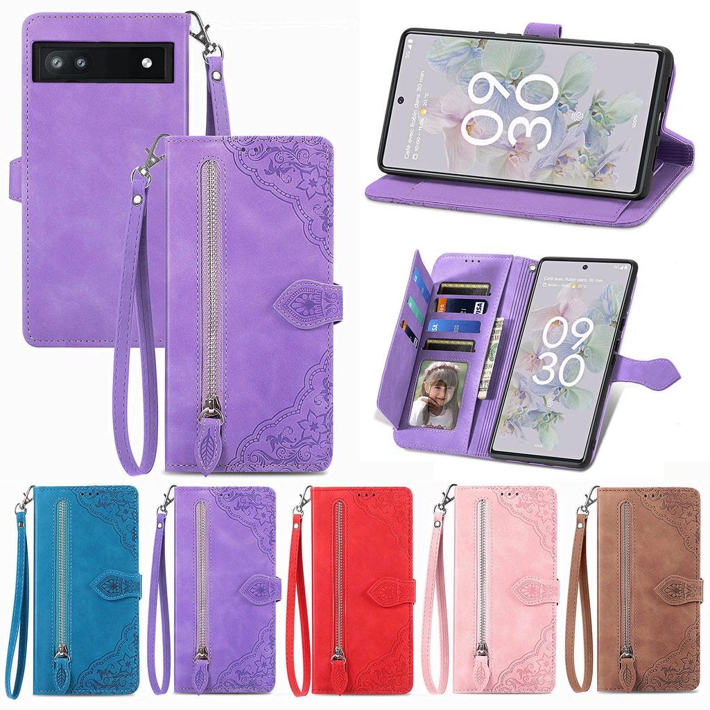 Custodia a portafoglio magnetica in pelle per Google Pixel 9A con cerniera, design in rilievo e fessura per carte