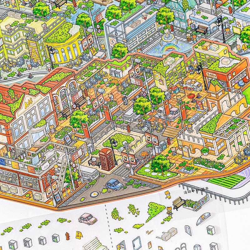 3D Cute Kitten Scenery Sticker: Enlarged Campus Guide