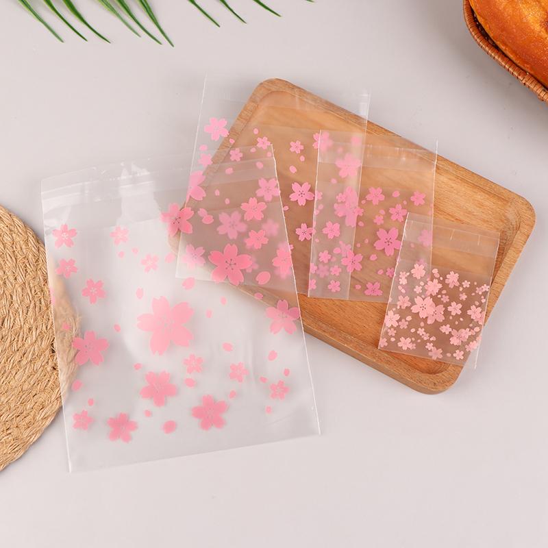100Pcs Plastic Transparent Gift Bag Sakura Candy Cookie Packaging Bag With Diy Self Adhesive Bag Wedding Decoration Party Bags