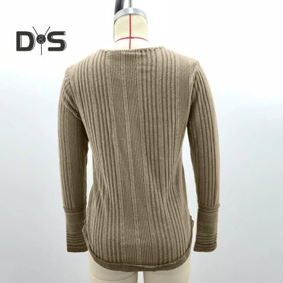 Women Autumn Tops Long Sleeve V-Neck Knitting Tops Solid Color Ribbed Casual Knitting Shirt Daily Wear