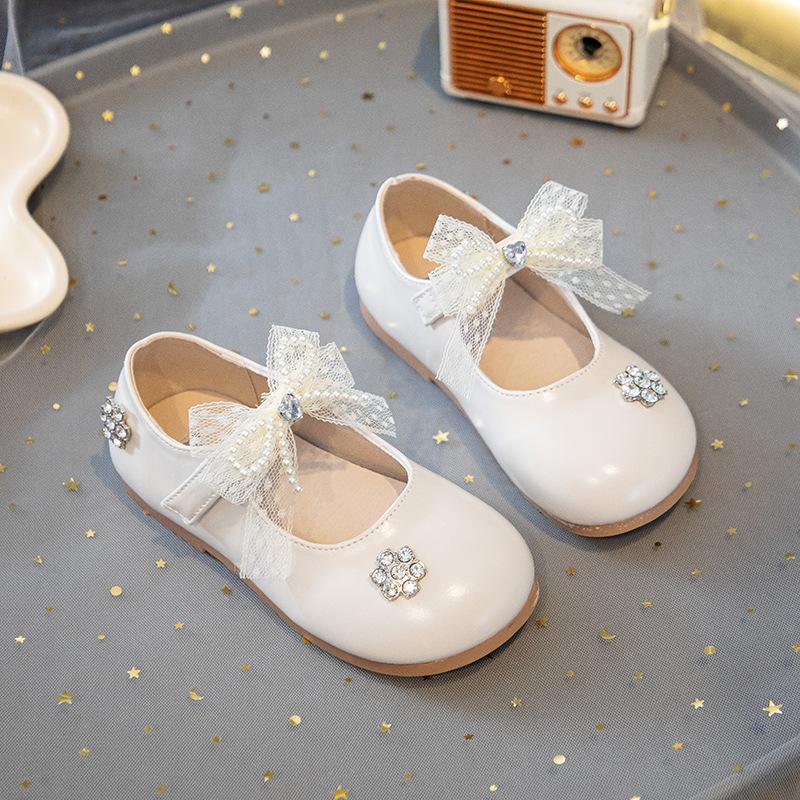 Girls leather shoes 2025 autumn new girls bow crystal princess shoes fashion children soft sole casual shoes