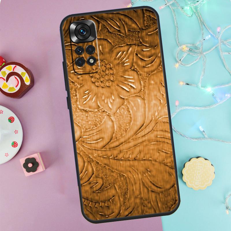 Brown Hand Tooled Western Case For Xiaomi Redmi Note 14 13 12 11 10 9 Pro 9S 10S 11S 12S Redmi 10C 12C 13C 14C Cover
