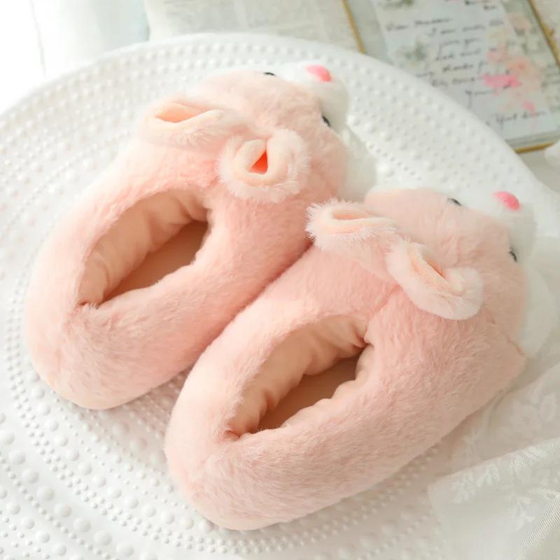 Fashion Cute Rabbit Shoes Women Winter Slippers Warm Plush Soft Sole Girls Indoor Home Floor Slipper Pink Color Ladies Cartoon Footwear