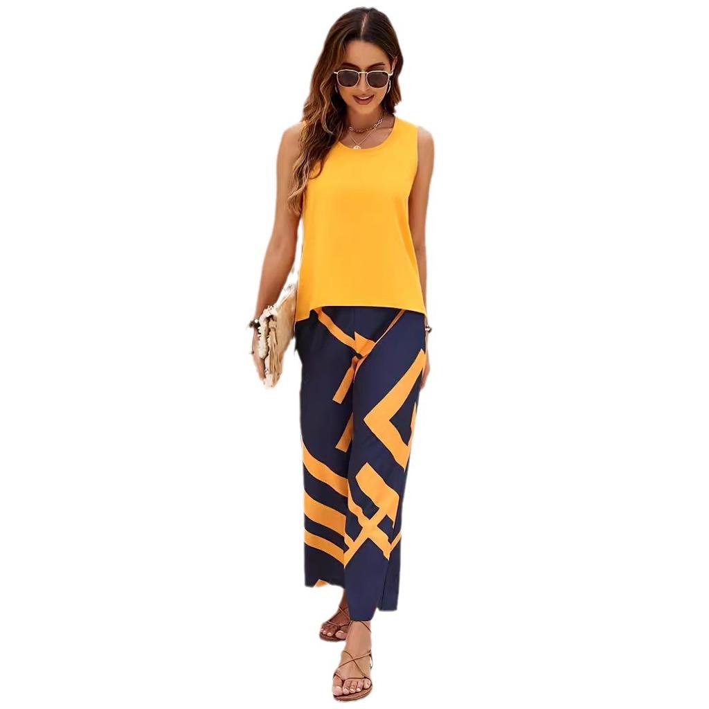 Women's set casual solid color sleeveless round neck vest geometric print trousers two-piece set