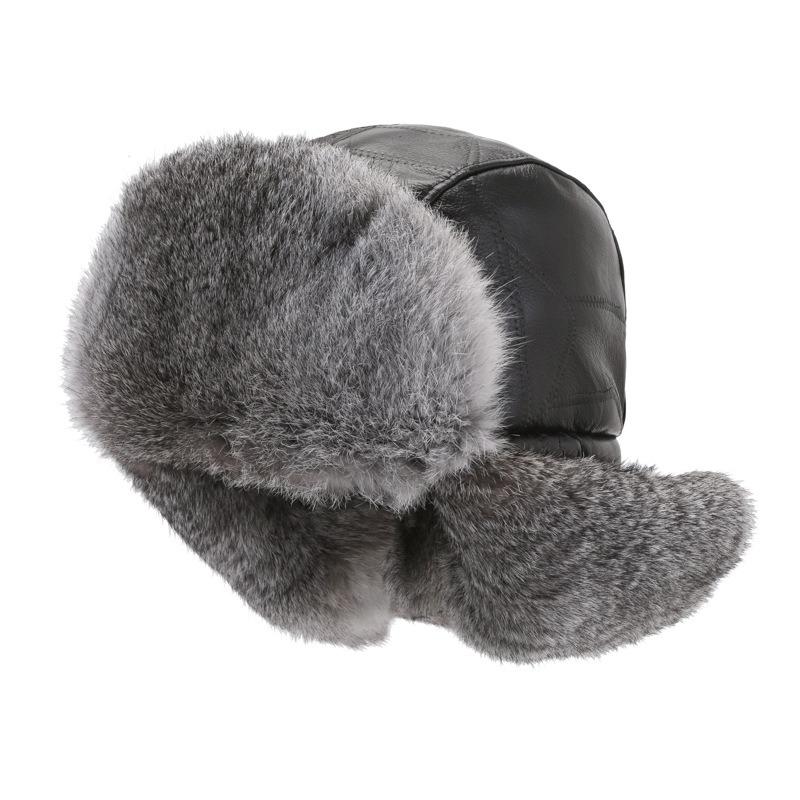 Winter cowhide real rabbit fur men's fleece thickened fur hat outdoor windproof and cold protective ear hat