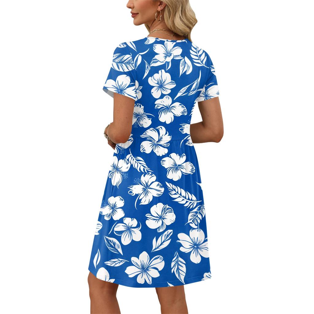 Dresses For Women Short Sleeve Print Round Neck Casual Dresses Waist Dress With Pockets