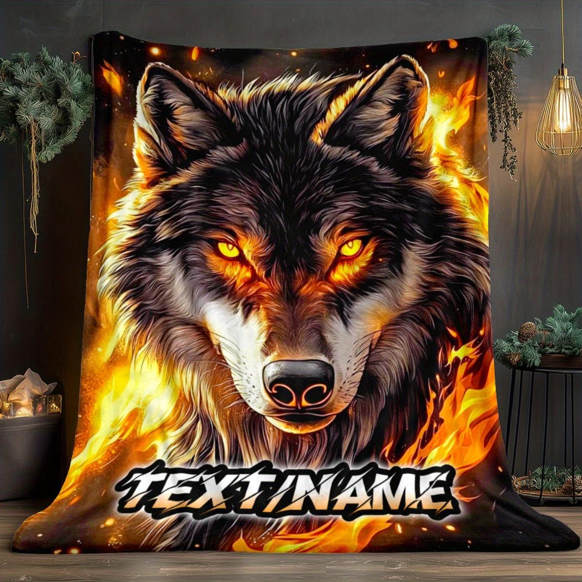 Custom Wolf Blanket Flaming Wolf Head Fire Eyes Dark Design Personalized Name Fleece Throw All Season Soft Warm Bedding 75X95CM