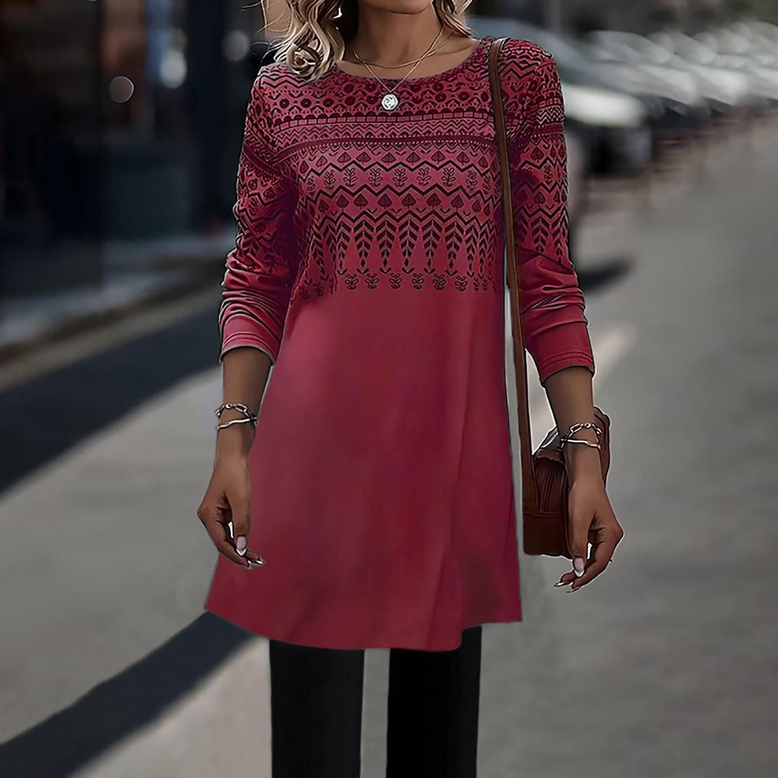 

Осень и зима новый винтажный принтованный круглый вырез длинный рукав средняя длина топ для женщин