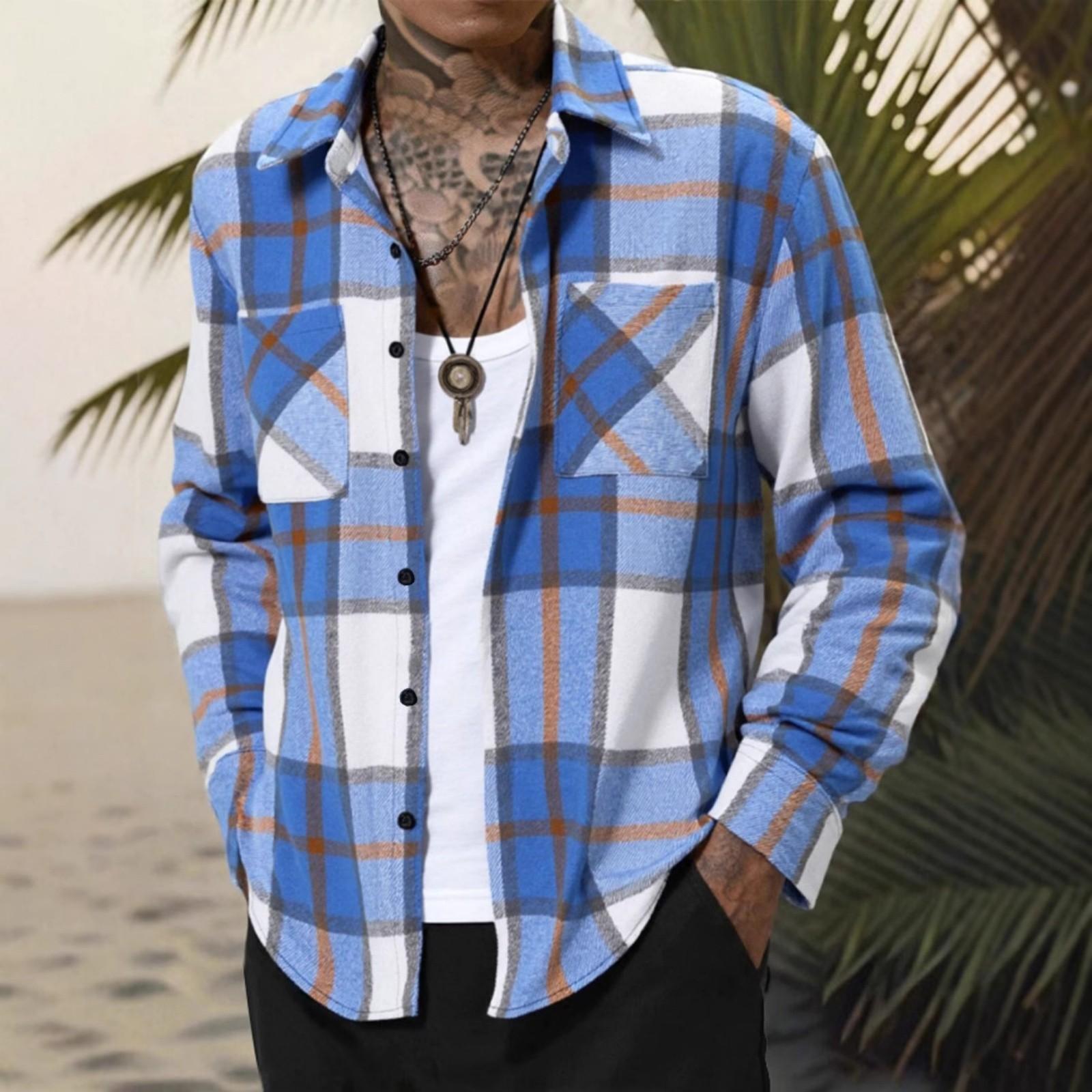 Men s Casual Long-Sleeve Shirt - Plaid Turn-Down Collar Double-Pocket Button-Down Versatile Dress Shirt XL