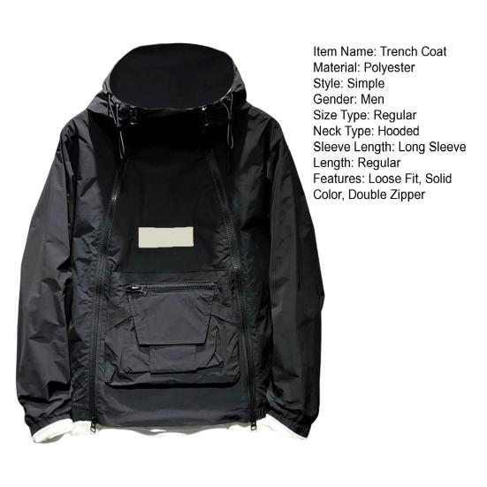 Men Trench Coat Hooded Drawstring Long Sleeve Double Zipper Cargo Tops Solid Color Large Pocket Street Style Outwear