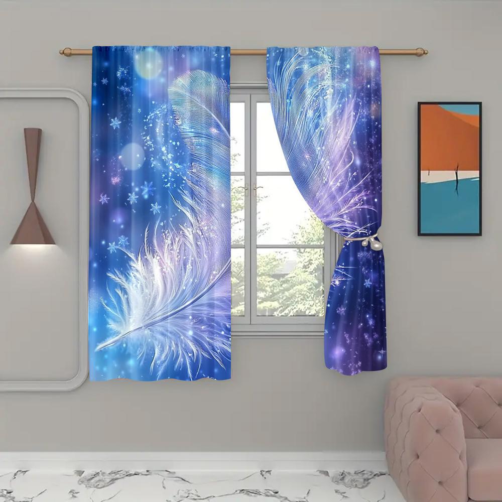 2pc,  Window Treatment Curtains Feather Pattern Machine Washable Fabric,Without Electricity Birthday Party for Home Decor