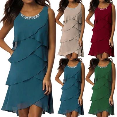 Kleid O-Ausschnitt Ärmellos Heiß Lagen Bohren Dekor Chiffon Kleid Kleid Design Etui Lockere Passform