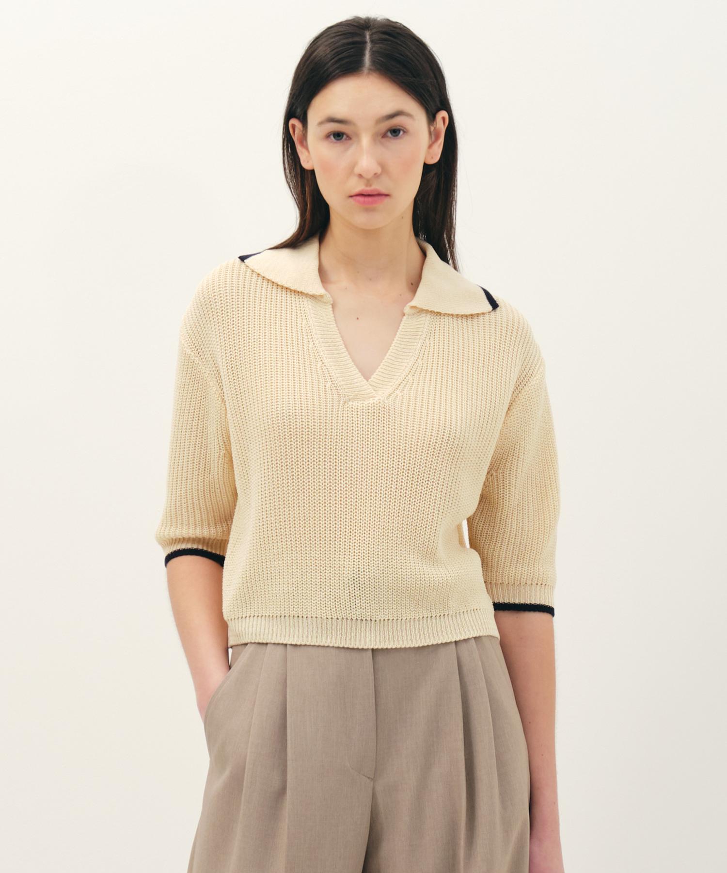 Jun By Jun K V-Neck Collared Cotton Knit Top_Cream F