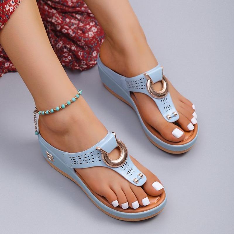 Fashion Women's Fashion Thick-soled Flip Flops Wedge Open Toe Beach Roman Clip-toe Sandal Luxury Metal Buckle Designer Sandals for Women