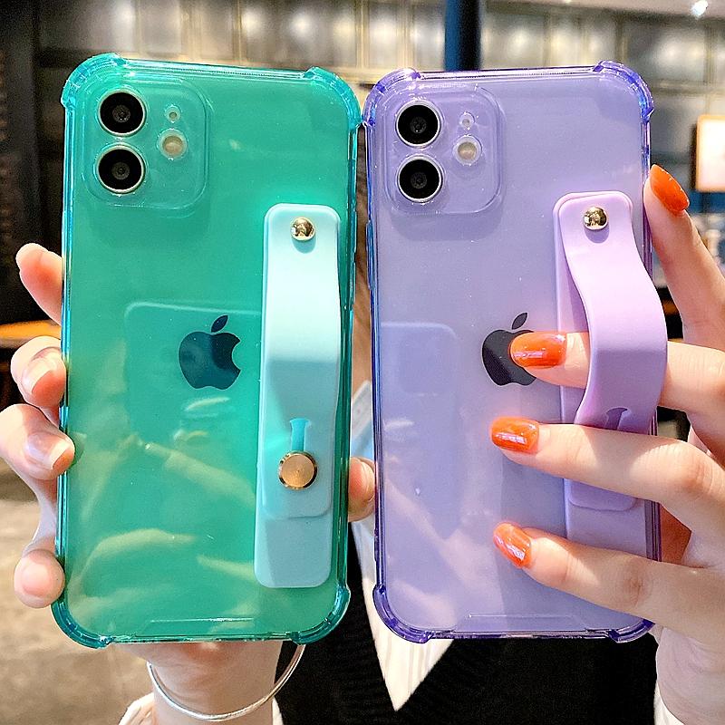 Weiche Handyhülle mit Handgelenkschlaufe für iPhone 11 12 13 14 15 Pro Max X XR Xs Max 7 8 Plus Mini Ständer Transparente Stoßstangenabdeckung