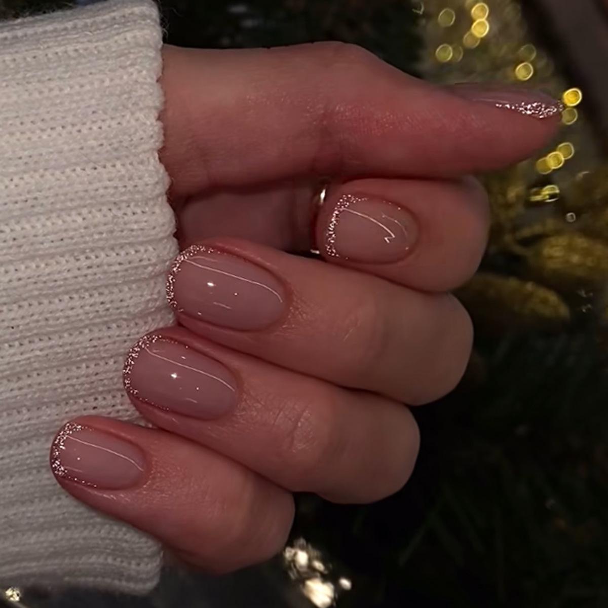

Glossy Oval Short French Glitter Removable False Nails - 24 Pieces