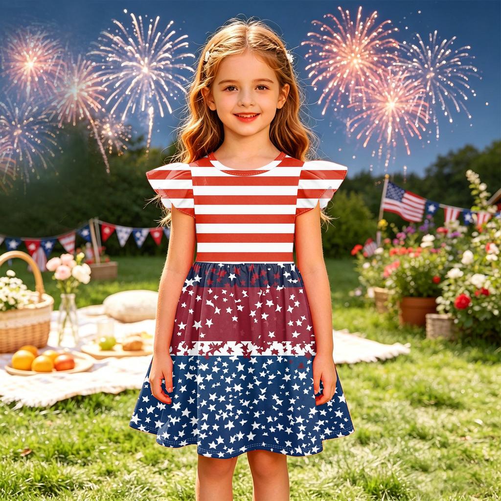Girls' Summer Princess Dress - A-Line T-Shirt Dress Independence Day