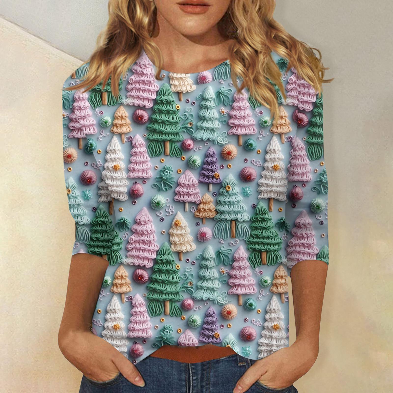 

Женская модная повседневная футболка с рукавом три четверти и рождественским принтом, с круглым вырезом XL небесно-голубой