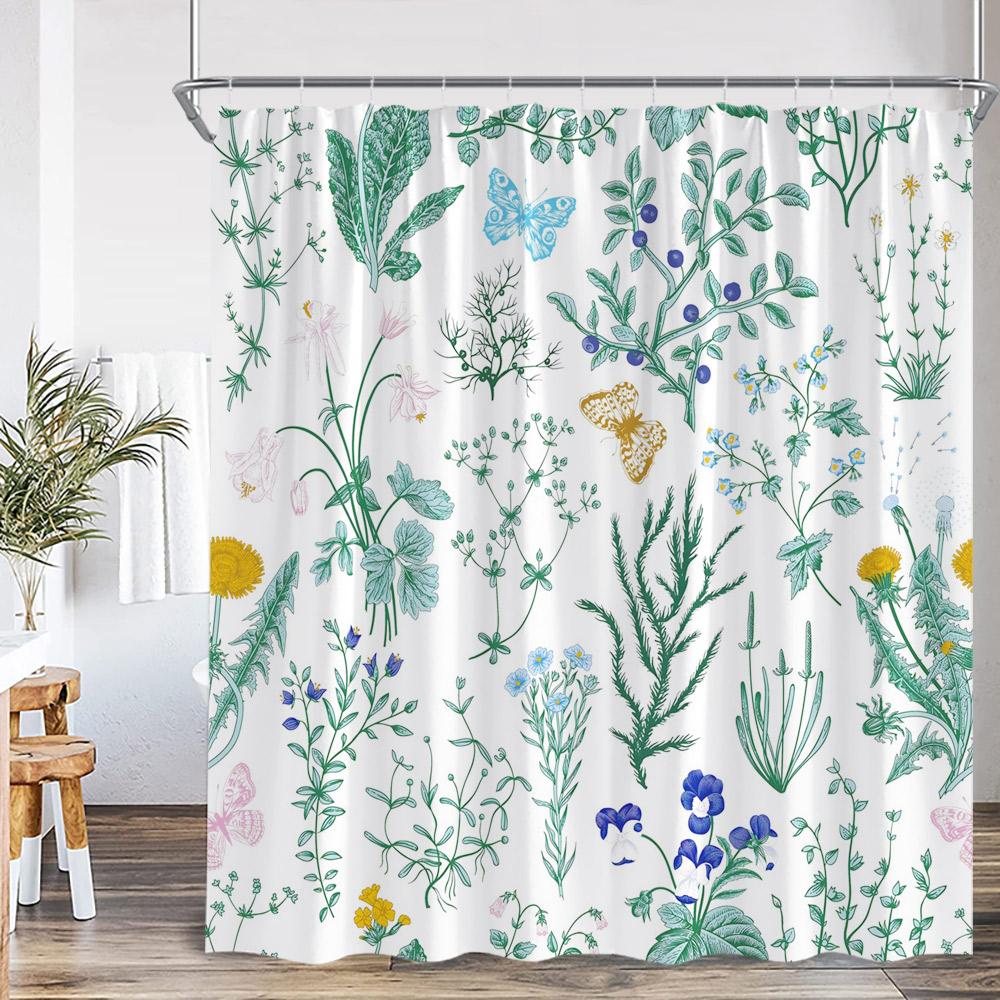 

Vintage Botanical Plant Shower Curtain Sage Green Retro Leaf Herb Flower Butterfly Bathtub Home Decor Polyester Bathroom Curtain 90x180cm-35x70in