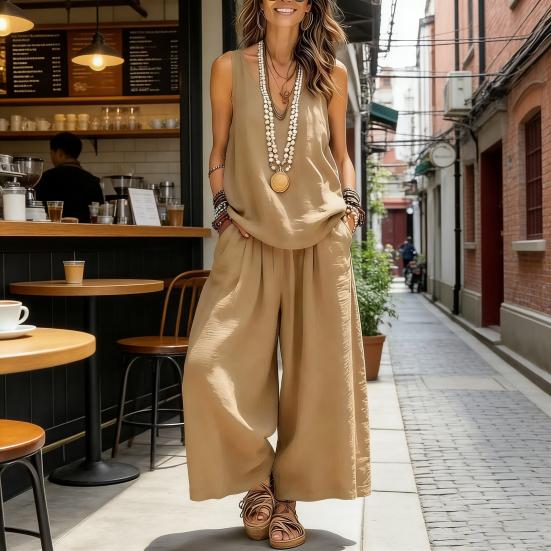 Women's Summer Sleeveless 2 Piece Outfit V Neck Top And Wide Leg Pants Set Casual Vacation Matching Lounge Set