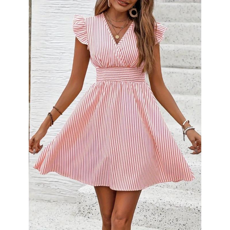 Summer Women loose Beach Sundress stripe Dress Ruffle Sleeve Sweetheart Pleated Mini Dress Elegant black dresses