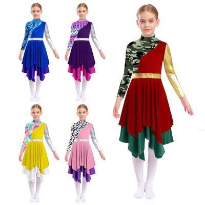 Girls Liturgical Praise Dance Dress Mock Neck Long Sleeve Stylish Print Metallic Color Block Irregular Dress