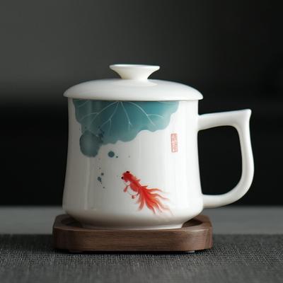 Luxurious Mutton Fat Jade Ceramic Teacup with Lid - Dehua White Porcelain Mug for Personal or Office Use