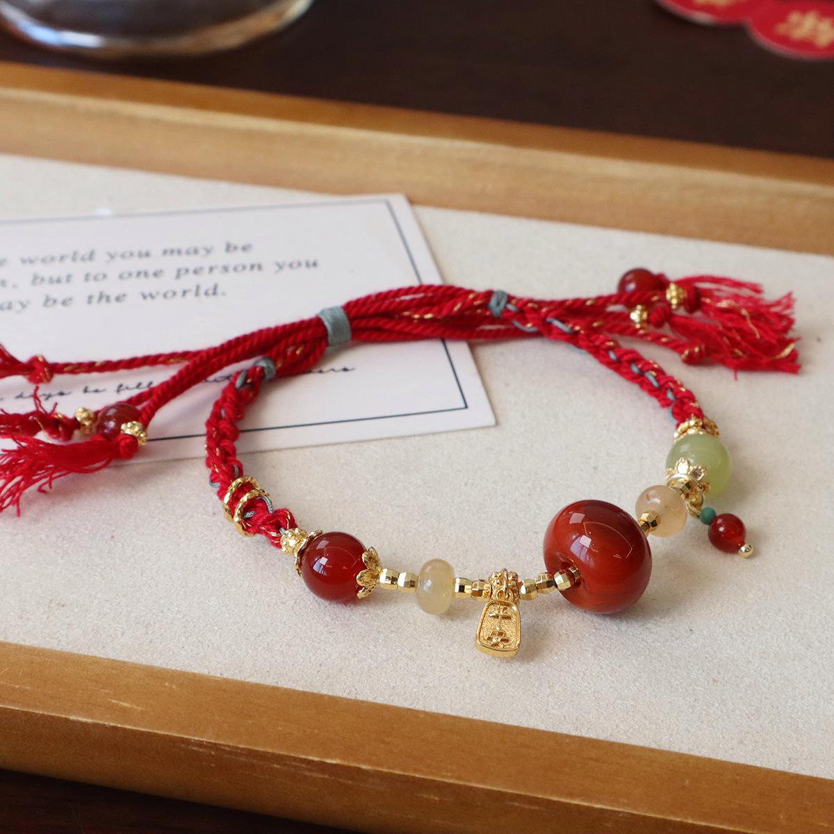 Handmade original refined natural Nanhong agate Hetian jade red rope braceletfashion women daily jewelry gift
