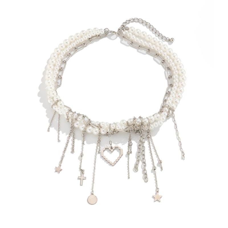 

Creative Imitation Pearls Necklace Featuring Heart and Tassels Designs Eye Catching Pendant Necklace for Parties Wear 1