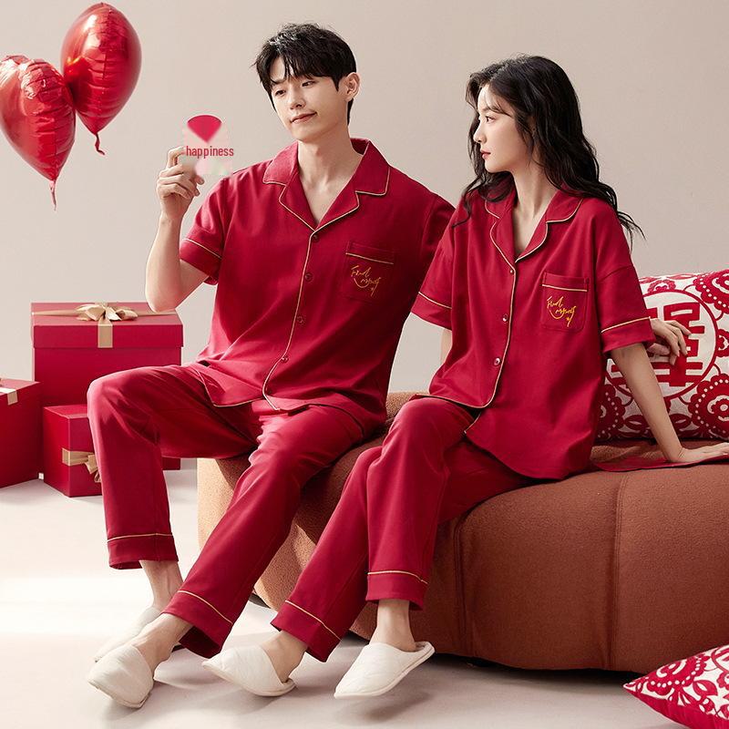 "New Red Cotton Couple's Pajama Set: Short-Sleeved Lapel Shirts & Trousers for Newlyweds"