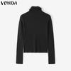 VONDA Autumn Women Turtleneck Long Sleeve Thin Casual Cropped Kniteed Sweater Tops Undershirts