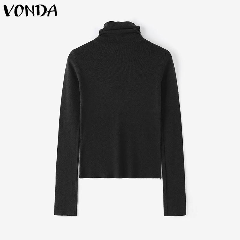 VONDA Autumn Women Turtleneck Long Sleeve Thin Casual Cropped Kniteed Sweater Tops Undershirts