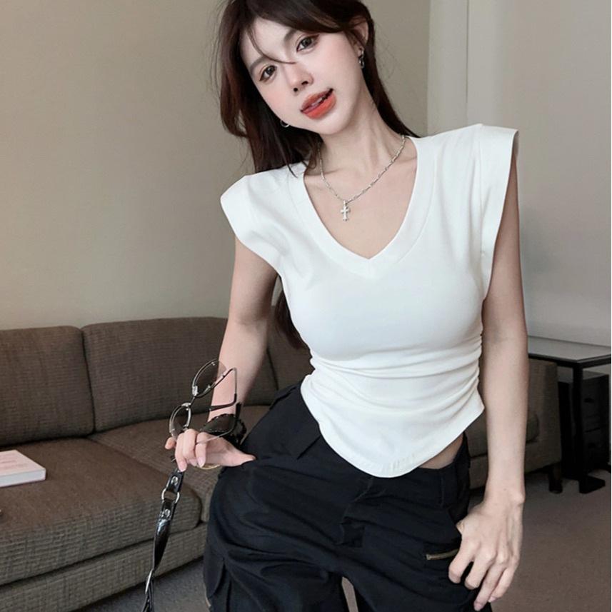 French Slim Fit and Thin Shoulder V-neck T-shirt Pure Desire Sexy Babes Versatile Fashion Chic Small Fly Sleeve Top Ins