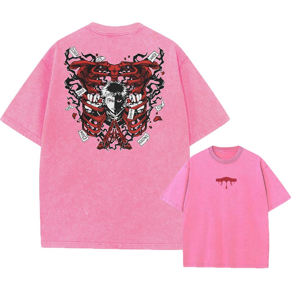 Men Streetwear Washed Acid Oversized T Shirt Japanese Anime Retro Worn Graphic Print T-Shirt Cotton Short Sleeve Tees