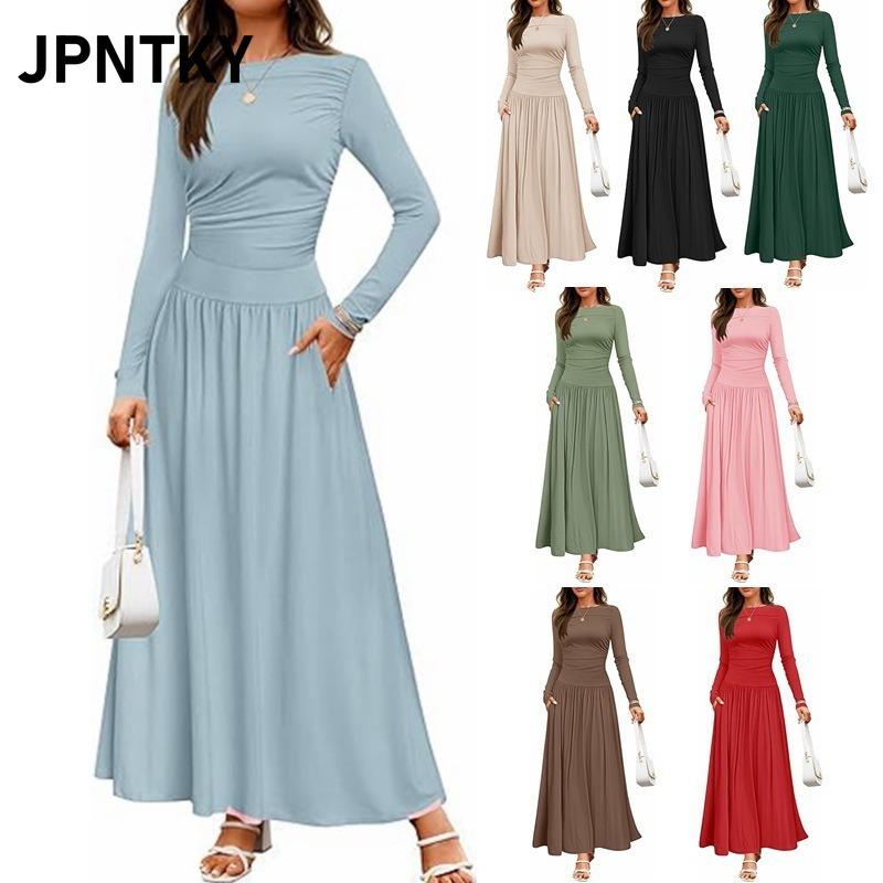 JPNTKY Fashion Autumn Winter Solid Color Print Long Sleeve O-Neck Casual Dresses International design