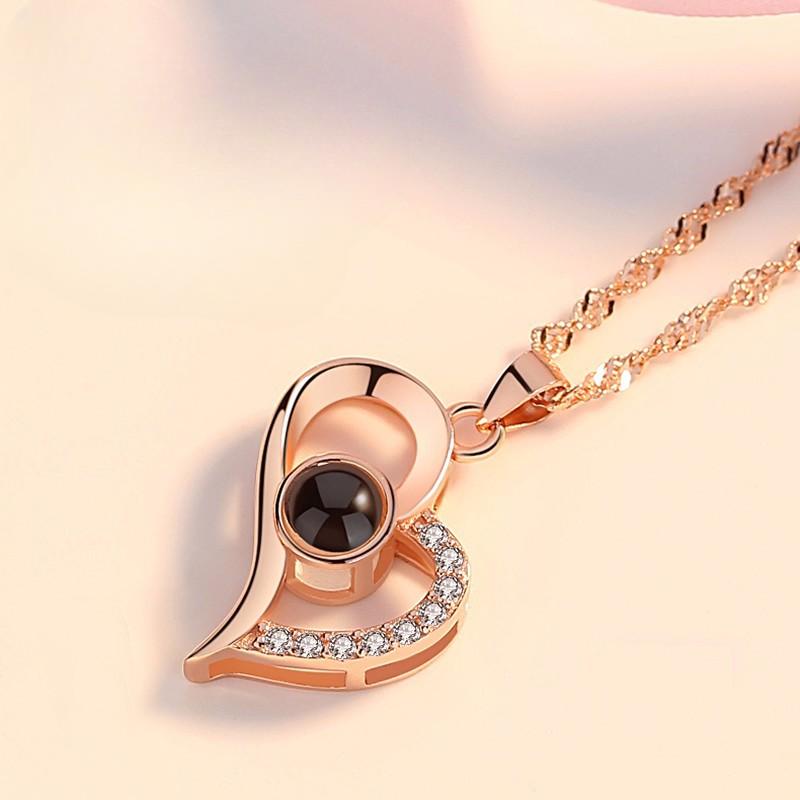 100 Languages I Love You Heart-Shaped Pendant Memory Projection S925 Silver Necklace Female